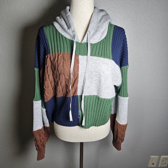 New Fitz+Eddi Color Block Mix Media Crop Sweater with Hood Green Brown Blue Gray - Picture 2 of 9